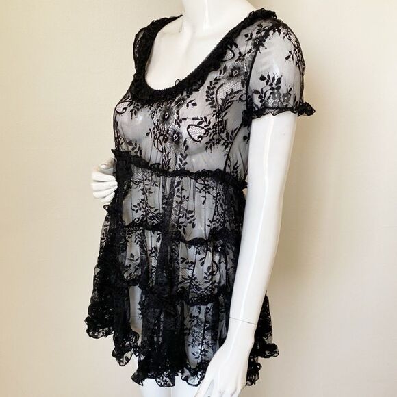 Dolls Kill Brand Widow Black Sheer Lace Short Sleeve Tiered Babydoll Mini Dress - Picture 2 of 7